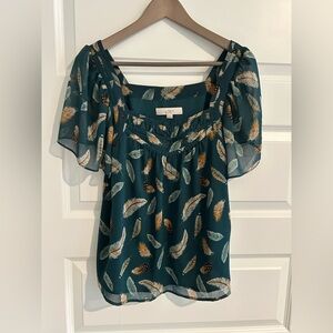 Loft Square Neck Top Green Brown Feather Print Size S